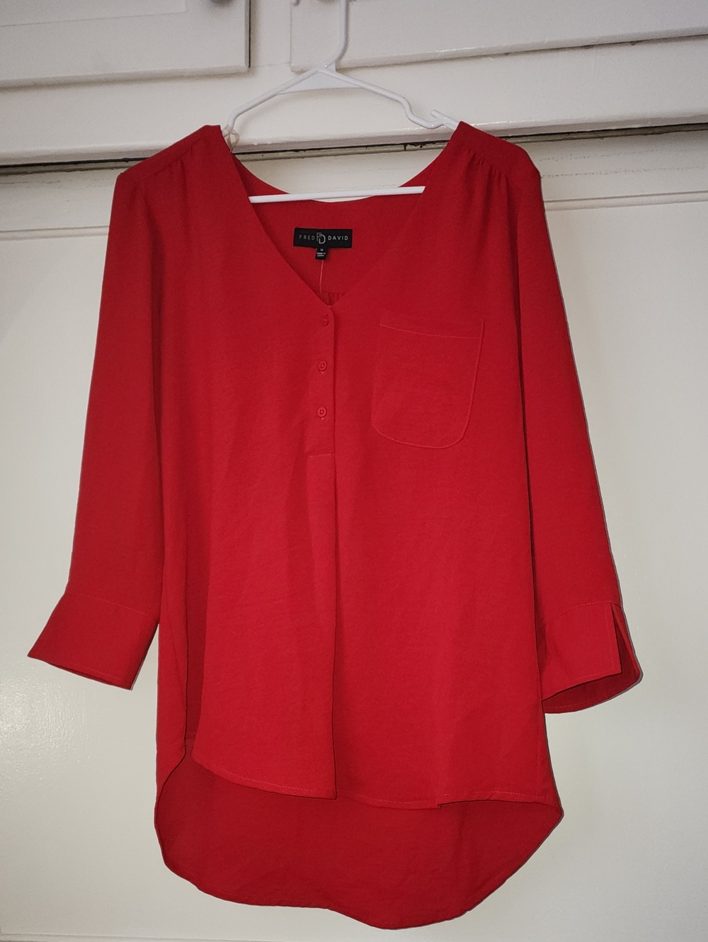 Fred David Red V-Neck Button Front Blouse with Pocket